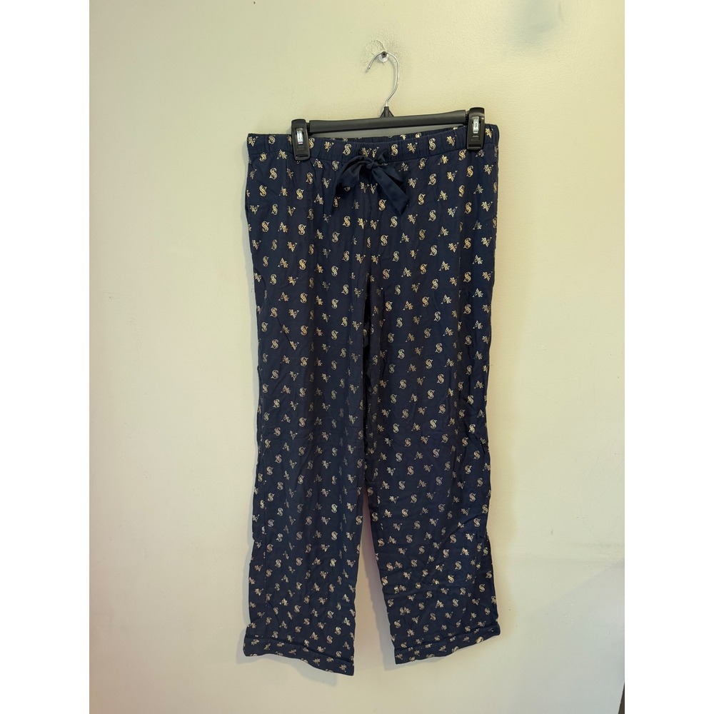 Victorias Secret Pajama Pants Navy Gold Monogram Logo Drawstring Lounge Medium